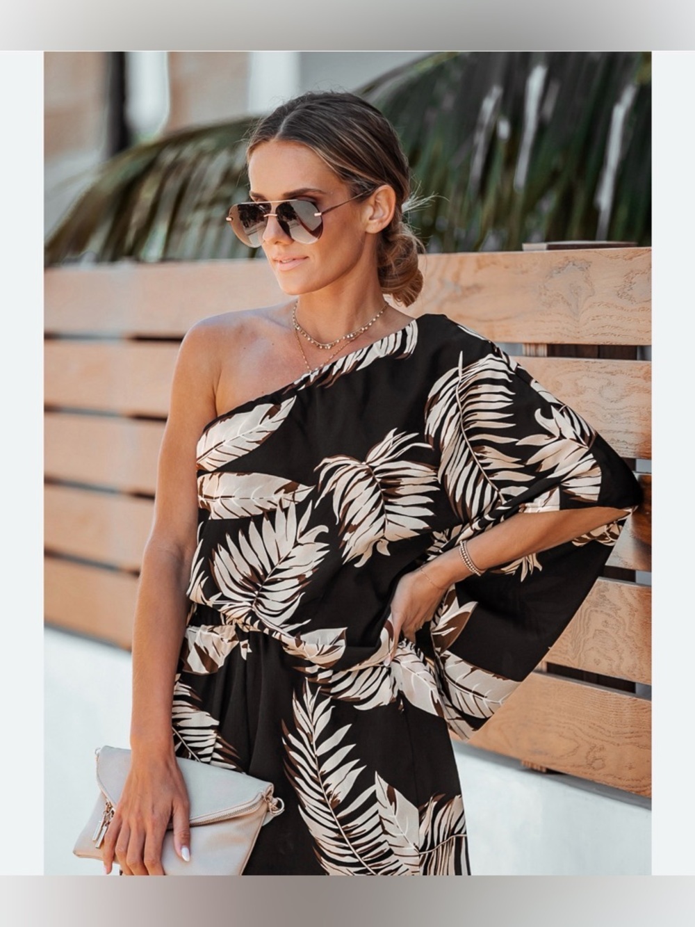 NWT Cupshe One-Shoulder Black Tropical Leaf Jumpsuit Size M